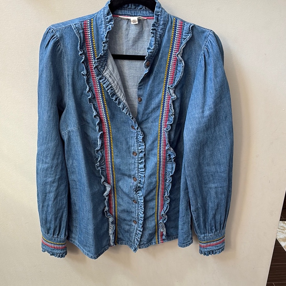 Boden Denim Ruffle Button-Up Blouse with Multicolor Trim